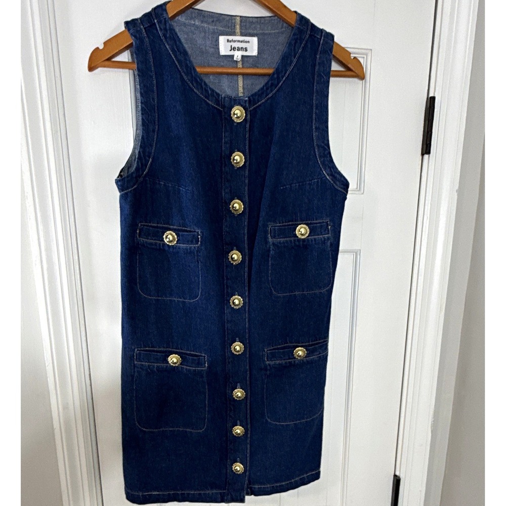 Reformation Jeans 4 Blue Denim Overall Dress Scoop Neck Button Front Pockets